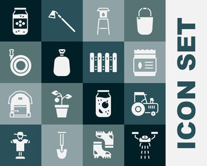 Set Smart farm with drone, Tractor, Pack full of seeds of plant, Water tower, Full sack, Garden hose, Jar honey and fence wooden icon. Vector