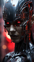 a close up of the cyberpunk cybernetic head with black armor and helmet and glowing eyes