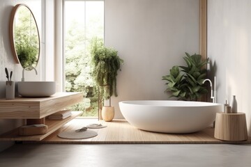 Fototapeta na wymiar Bathroom interior in white and wood with a concrete floor and a white bathtub. Up close. a mockup. Generative AI