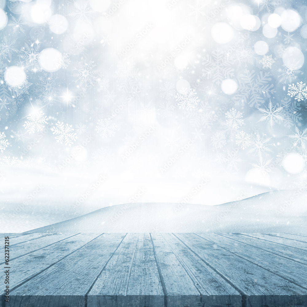 Poster 3d render of a christmas background with wooden table looking out to a snowy scene
