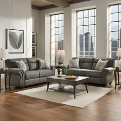 modern living room with sofa big windows