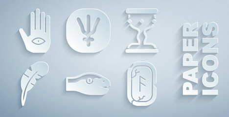 Set Snake, Medieval goblet, Feather pen, Magic runes, Neptune planet and Hamsa hand icon. Vector