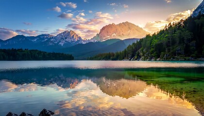 Beautiful summer sunrise over Eibsee Lake with the Zugspitze mountain range in the background