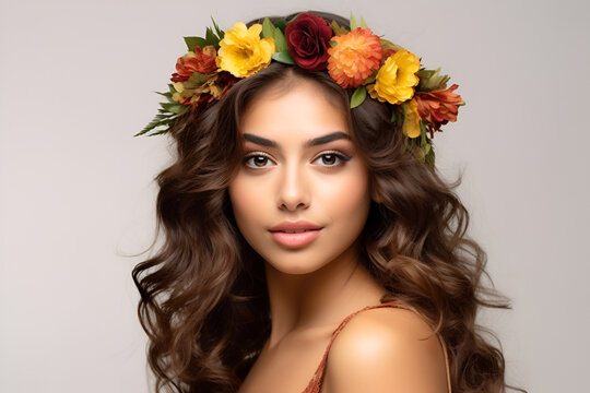 Generative ai studio portrait of beautiful latino brunette young woman on colour backgrounds