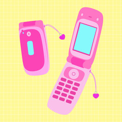 girly and cute flip phone vintage illustration, pink and fun, 90s aesthetic, yellow background