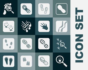 Set Paw search, Bird footprint, Snake paw, Human footprints shoes, Mop, Fox, Magnifying glass with footsteps and Alligator crocodile icon. Vector