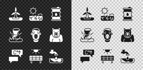 Set Wind turbine, Drought, Barrel oil, Global warming, Solar energy panel, Water problem, Tornado and Face protective mask icon. Vector