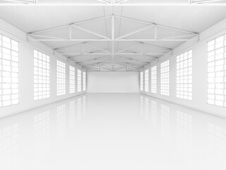 Clean white empty warehouse with windows. 3D rendering