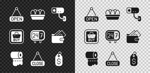 Set Hanging sign with Open, Chicken egg box, Security camera, Toilet paper roll, Closed, Price tag dollar, Buy button and Clock 24 hours icon. Vector