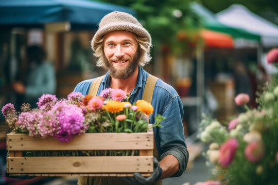 A farmer holding a crate of colorful flowers at a local farmers' market, showcasing the beauty and diversity of farm-grown floral products. Generative AI