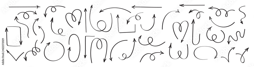 Poster curved arrows. set of vector hand drawn arrows. collection of pointers.