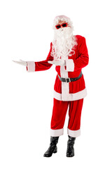 santa claus in red suit with beard in glasses shows his hands to the side and advertises copy space