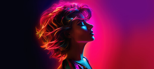 1980s pop art panorama of the side profile view of a  blonde woman on a fictional album cover with copy space on both sides