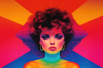 1980s pop art illustration of a female singer on a fictional colorful album cover design with copy space