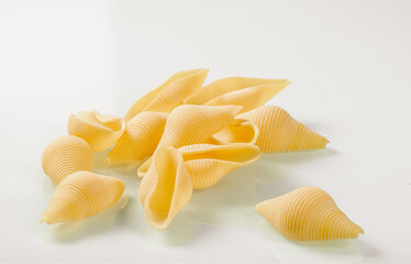 Italian cuisine.Bunch of shell shaped pasta on a white glass background
