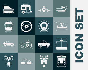 Set Train and railway, Cable car, Plane, Steering wheel, Tram, Cruise ship and icon. Vector