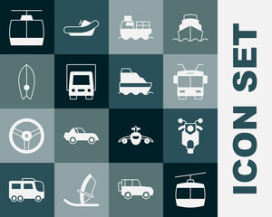 Set Cable car, Scooter, Trolleybus, Cargo ship with boxes delivery, Delivery cargo truck, Surfboard, and Cruise icon. Vector