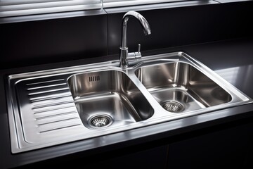 a close up stainless steel shiny perfectly clean kitchen sink with a tap. Generative AI - obrazy, fototapety, plakaty