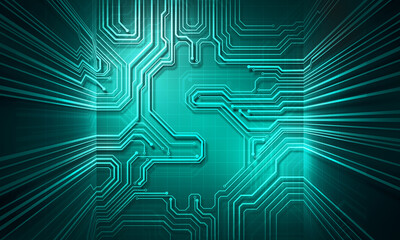 Green background conceptual image of digital money symbol witn microchip on walls