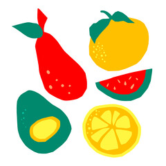 Vector.Abstract fruit.Orange.Tangerine.Avacado.Watermelon.Pear.Summer.Cutted.Lemon.Grapefruit.Taste.Sweetness.Wall decoration set.Minimalism. Abstract art image of fruits in bright .Keto.Abstract