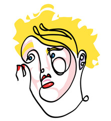 One line drawing of scared young woman.
One continuous line drawing of blond afraid woman