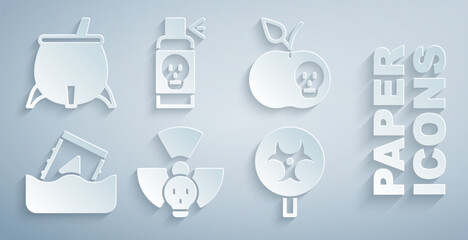 Set Radioactive, Poison apple, waste in barrel, Biohazard symbol, Spray against insects and Witch cauldron icon. Vector