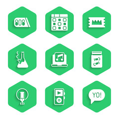 Set Laptop with music, Music player, Yo slang lettering, Evidence bag bullet, Microphone, Glass bong for smoking marijuana, Concert ticket and Drum machine icon. Vector