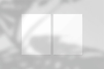 Two Blank Mockup A4 Paper Leaflet, Flyer, Broadsheet, Follicle, Presentation with Leaf Shadow overlay. 3D Vector Illustration Isolated On White Background.