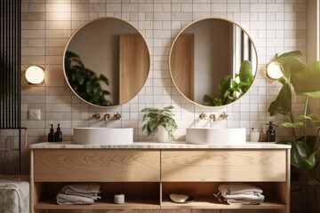 Close up of a contemporary vanity unit with round mirrors on two marble sinks, white square tiles, and a beige wall in a bathroom. early morning sunlight, a backdrop of products, a mockup. Generative