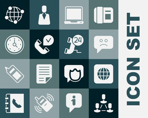 Set Employee hierarchy, Worldwide, Sad smile, Laptop, Telephone handset, Clock, Global technology and 24 hours support icon. Vector