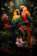 Colorful and playful parrots in tropical forest