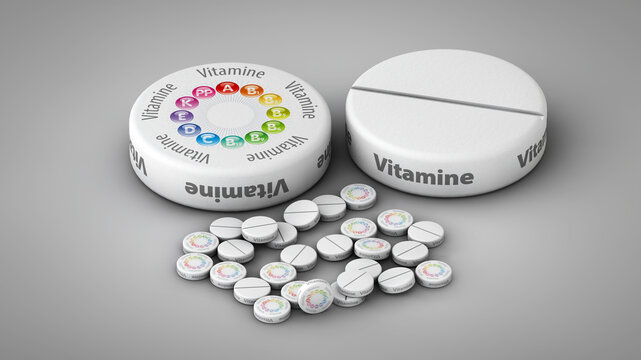 3d Illustration of vitamins, pills and tablets