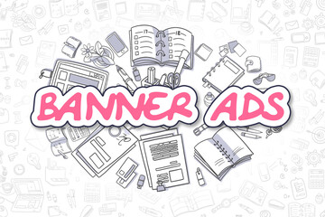 Cartoon Illustration of Banner Ads, Surrounded by Stationery. Business Concept for Web Banners, Printed Materials. © Designpics
