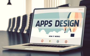 Laptop Display with Apps Design Concept on Landing Page. Closeup View. Modern Conference Room Background. Blurred Image with Selective focus. 3D Illustration.