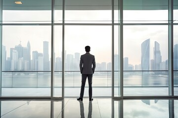Fototapeta premium Business man looking outside a large glass window, created with Generative Ai Technology