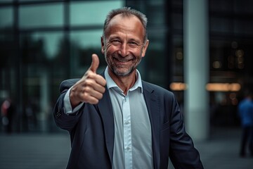 A businessman giving a thumbs up in front of a building, created with Generative Ai Technology