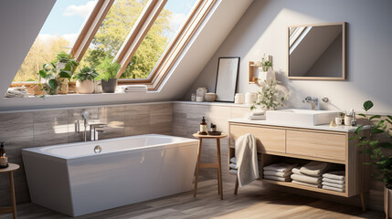 Fototapeta na wymiar Stylish Design of a White Bathroom with Bath and Window in a Small Apartment, Generative AI