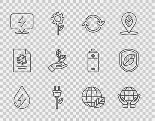 Set line Water energy, Hands holding Earth globe, Refresh, Electric saving plug leaf, Lightning bolt, Plant hand, and Shield with icon. Vector