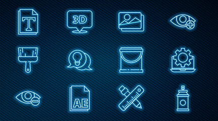 Set line Paint spray can, Laptop and gear, Picture landscape, Light bulb with concept of idea, brush, Text file document, bucket and Speech bubble text 3D icon. Vector