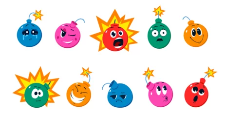 Fotobehang Cartoon funny bomb characters. Isolated vector explosive weapon personage with burning wick emotions. Crying, wink eye, explode, shocked and surprised. Happy smile, confused, whistle and laughing © Buch&Bee