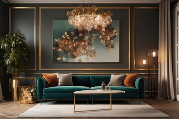 Brown sofa and pillows are positioned above a golden chandelier in a contemporary living room with an abstract picture on the wall. Generative AI