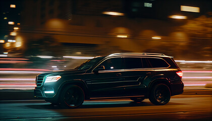Fototapeta premium A SUV rushes at high speed through the streets of the night city. Copy space Ai generated image