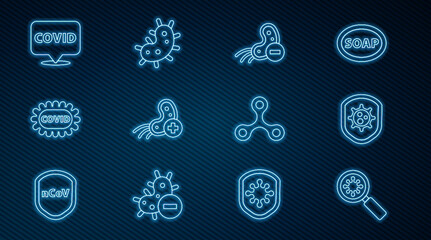 Set line Virus under magnifying glass, Shield protecting from virus, Negative, Positive, Corona covid-19, location, and icon. Vector