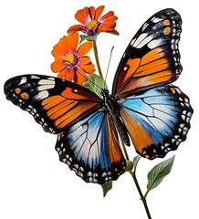 A very beautiful Butterfly sits on a stem with flowers. Butterfly top view. Isolated on transparent background. KI.