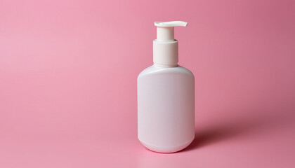 White bottle of moisturizing lotion on pink background with copy space. Minimalism style. Skin care, body treatment, beauty concept