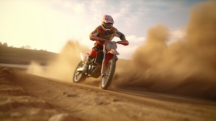 Fototapeta na wymiar Extreme motocross racer speeding on a dirt track, wearing a helmet for safety.