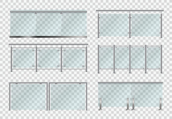 Glass fence, banister, realistic balustrade rail isolated 3d vector set. Architectural plexiglass guardrail for balcony or office terrace mockup, transparent partition with metal poles front view - obrazy, fototapety, plakaty