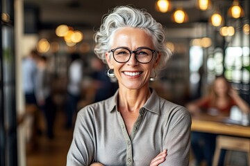 Fototapeta premium An elderly woman with glasses smiling at the camera, elderly businesswoman with glasses concept, created with Generative Ai Technology