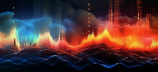 Abstract 3d rendering of colorful waves in dark space. Abstract background with bright waves on a black background. Bright colorful soundwave pattern. Multicolored art of wavy patterns..