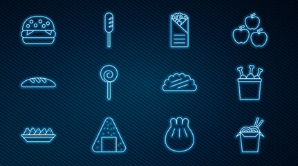 Set line Asian noodles and chopsticks, Chicken leg in package box, Doner kebab, Lollipop, Bread loaf, Burger, Taco with tortilla and Fried sausage icon. Vector